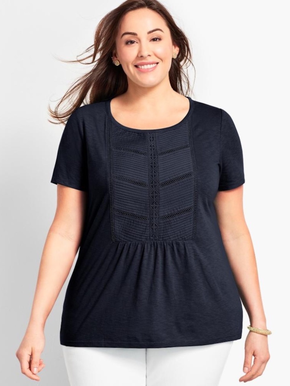 Talbots Woman 1XP Navy Pleated Pintuck Lattice Crochet Lace Trim Top EUC